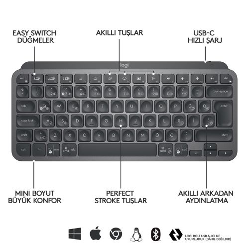 LOGİTECH MX KEYS MİNİ MİNİMALİST KABLOSUZ BLUETOOTH AYDINLATMALI TÜRKÇE Q KLAVYE - SİYAH 920-010504 Hover